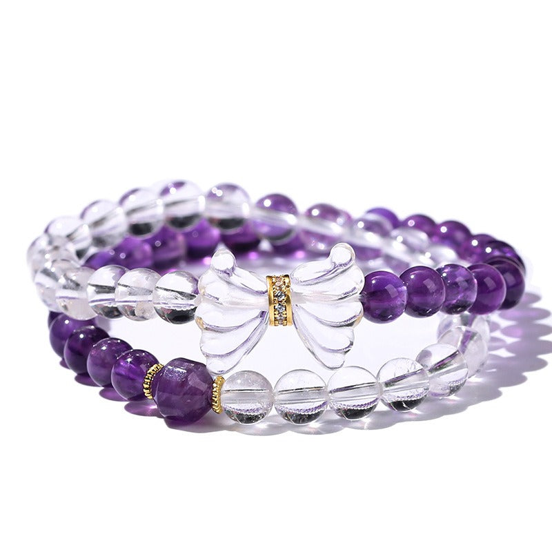 Zen Healing Natural Amethyst White Crystal Butterfly Charm Luck Bracelet Double Circle Bracelet