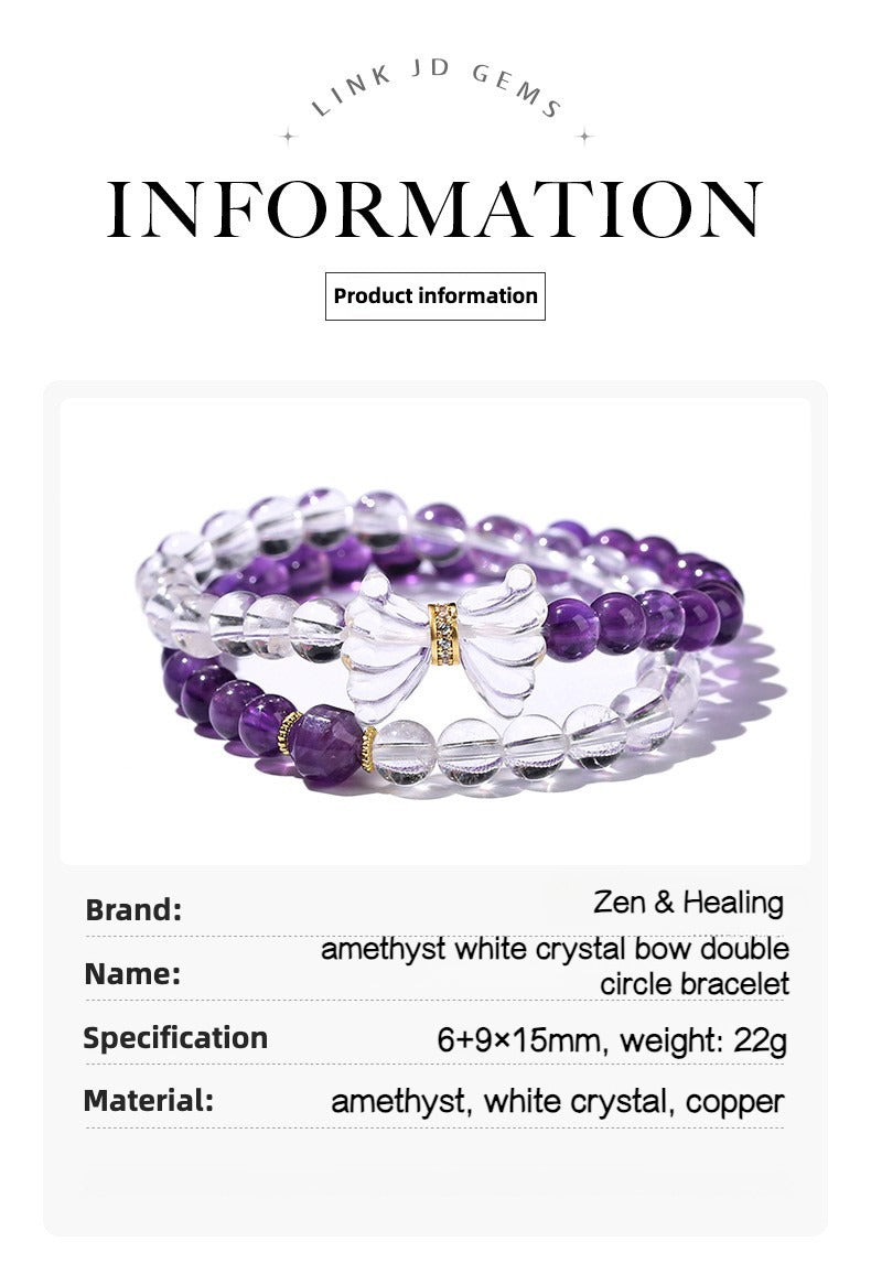 Zen Healing Natural Amethyst White Crystal Butterfly Charm Luck Bracelet Double Circle Bracelet