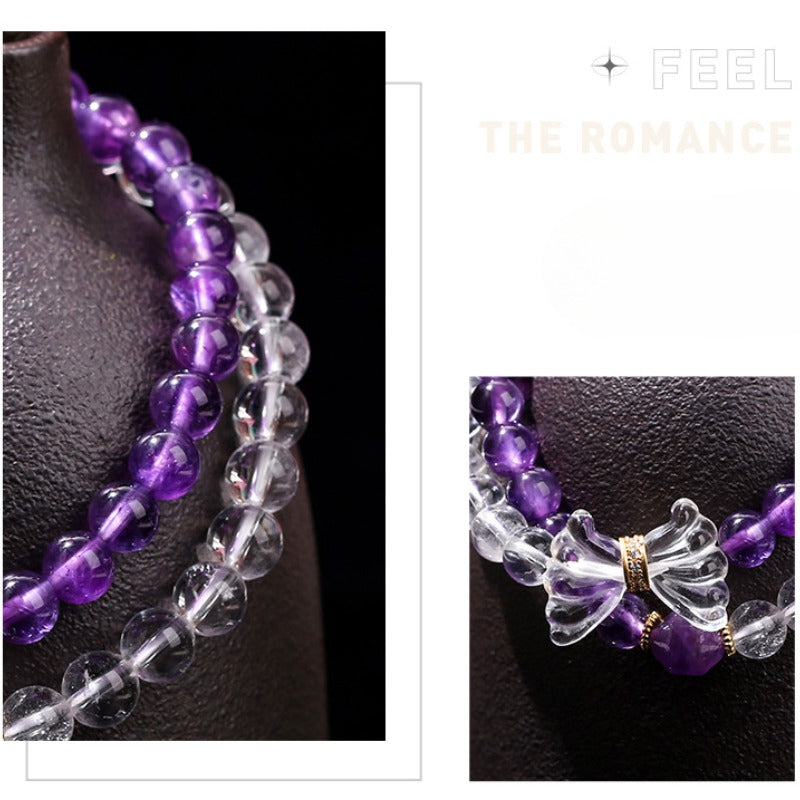 Zen Healing Natural Amethyst White Crystal Butterfly Charm Luck Bracelet Double Circle Bracelet