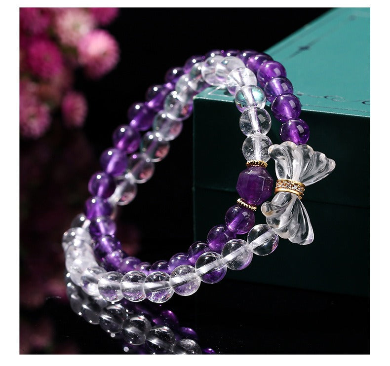 Zen Healing Natural Amethyst White Crystal Butterfly Charm Luck Bracelet Double Circle Bracelet