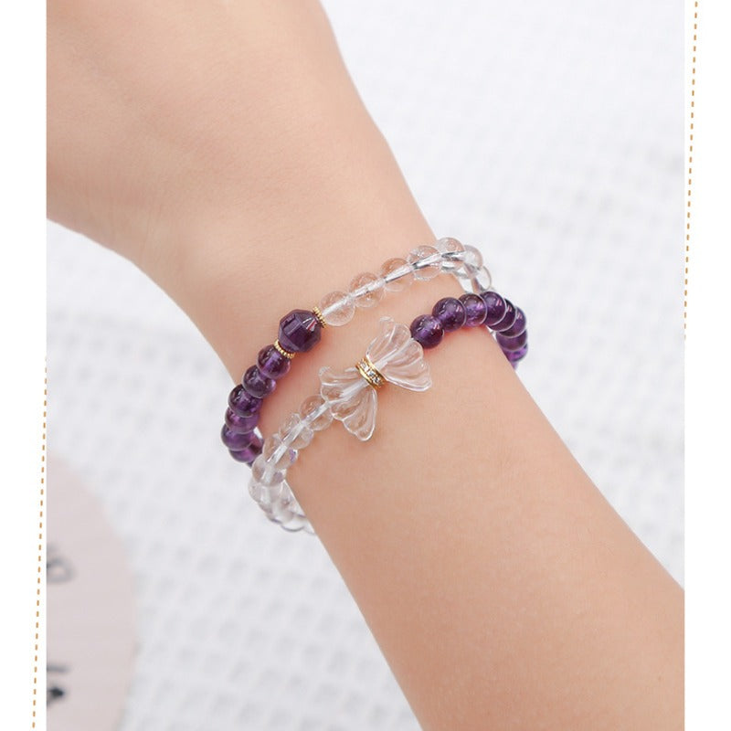 Zen Healing Natural Amethyst White Crystal Butterfly Charm Luck Bracelet Double Circle Bracelet