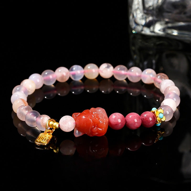 Zen Healing Natural Cherry Blossom Agate Charms Nine-Tailed Fox Wisdom Bracelet