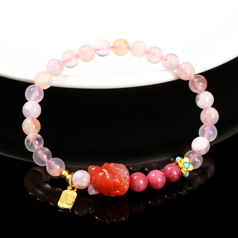 Zen Healing Natural Cherry Blossom Agate Charms Nine-Tailed Fox Wisdom Bracelet