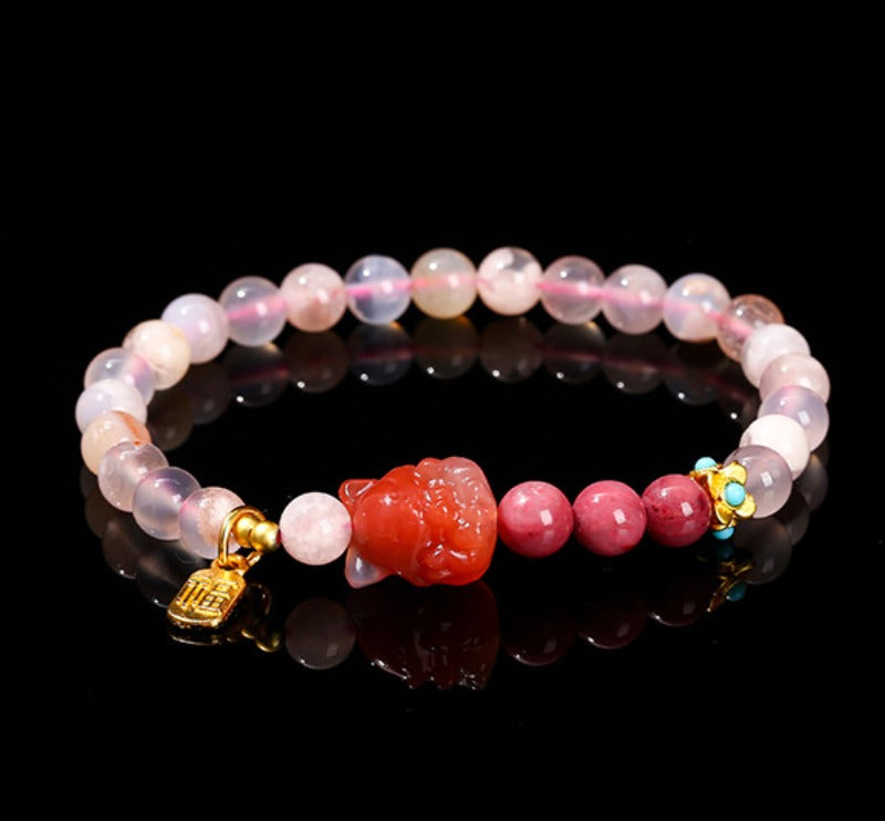 Zen Healing Natural Cherry Blossom Agate Charms Nine-Tailed Fox Wisdom Bracelet