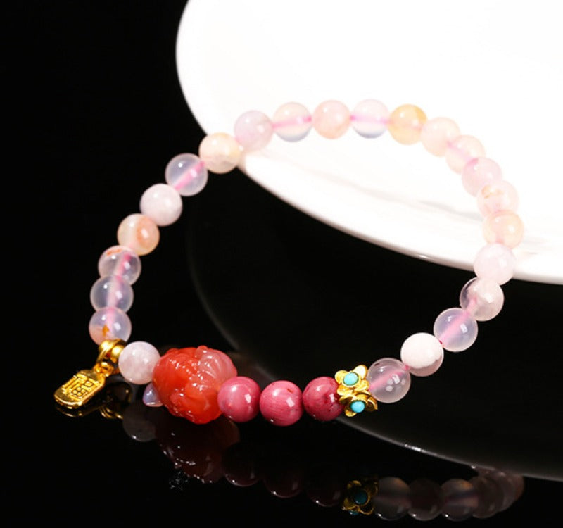 Zen Healing Natural Cherry Blossom Agate Charms Nine-Tailed Fox Wisdom Bracelet