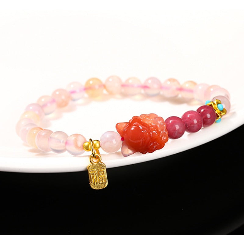 Zen Healing Natural Cherry Blossom Agate Charms Nine-Tailed Fox Wisdom Bracelet