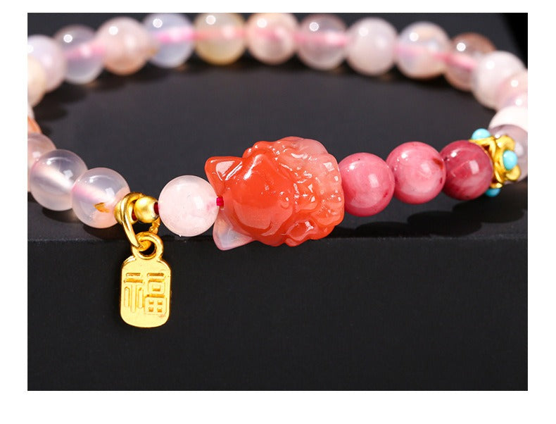 Zen Healing Natural Cherry Blossom Agate Charms Nine-Tailed Fox Wisdom Bracelet
