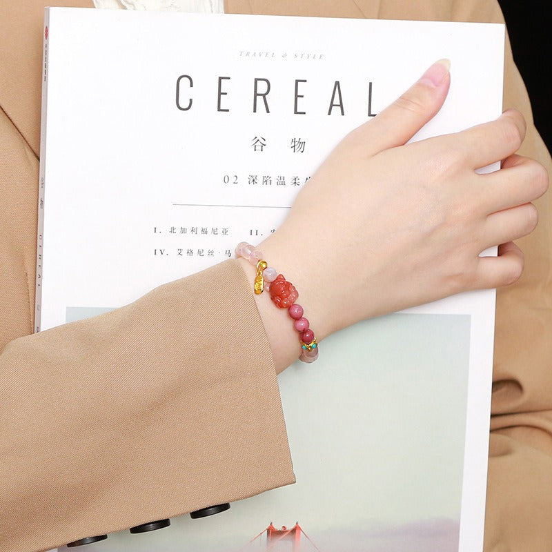 Zen Healing Natural Cherry Blossom Agate Charms Nine-Tailed Fox Wisdom Bracelet
