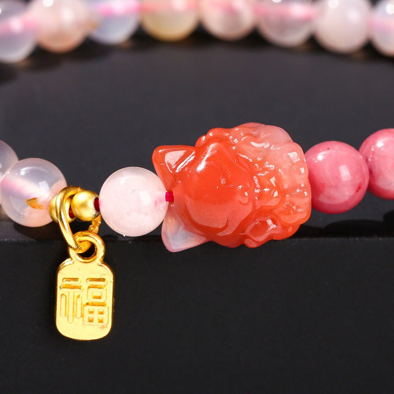 Zen Healing Natural Cherry Blossom Agate Charms Nine-Tailed Fox Wisdom Bracelet