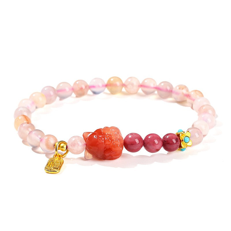 Zen Healing Natural Cherry Blossom Agate Charms Nine-Tailed Fox Wisdom Bracelet