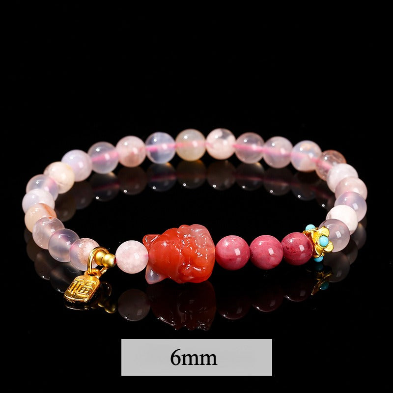Zen Healing Natural Cherry Blossom Agate Charms Nine-Tailed Fox Wisdom Bracelet