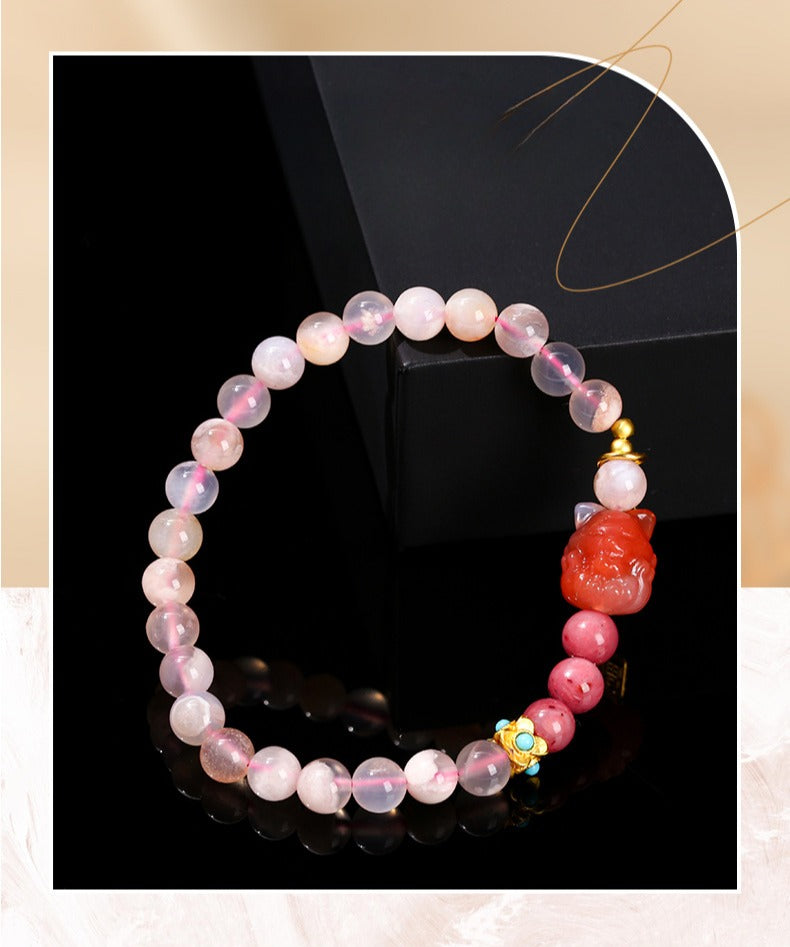 Zen Healing Natural Cherry Blossom Agate Charms Nine-Tailed Fox Wisdom Bracelet