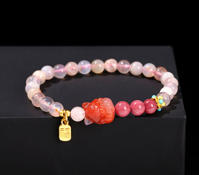 Zen Healing Natural Cherry Blossom Agate Charms Nine-Tailed Fox Wisdom Bracelet