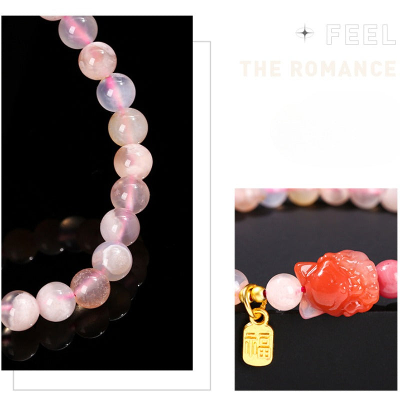 Zen Healing Natural Cherry Blossom Agate Charms Nine-Tailed Fox Wisdom Bracelet