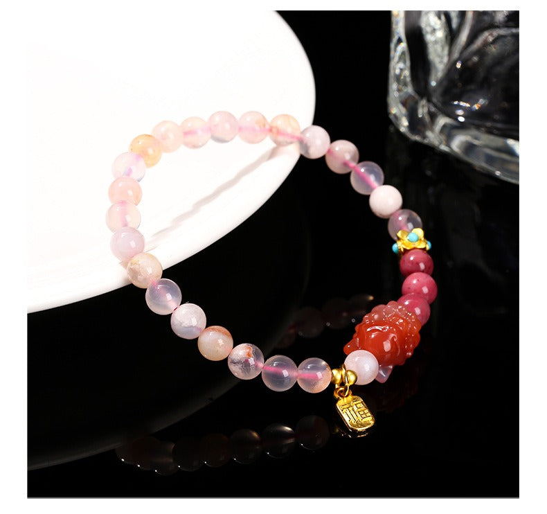 Zen Healing Natural Cherry Blossom Agate Charms Nine-Tailed Fox Wisdom Bracelet
