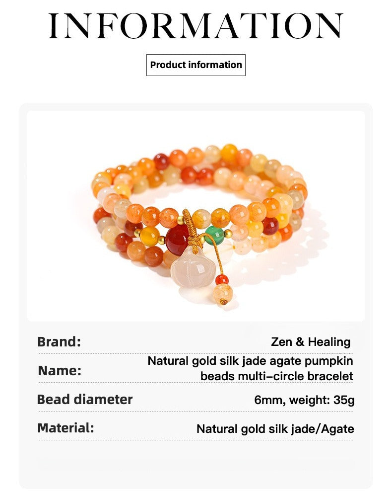 Zen Healing Natural Golden Silk Jade Agate Pumpkin Lucky Charm Bracelet Multi-Circle Bracelet