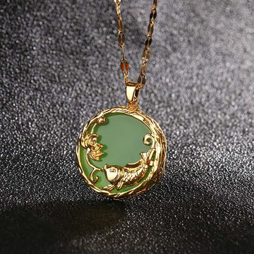 Zen Healing Natural Jade Koi Fish Lotus Luck Necklace Pendant