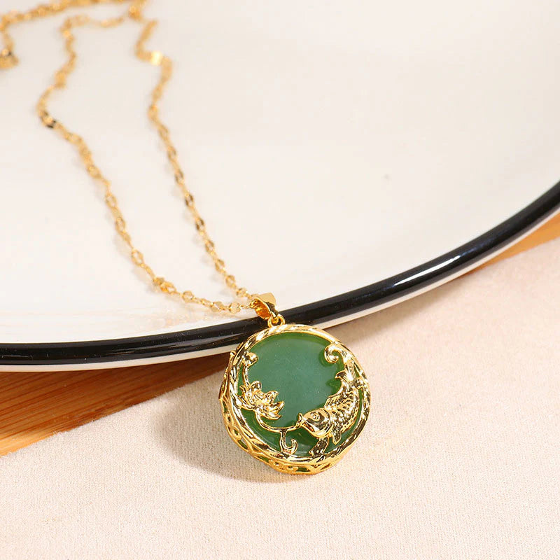 Zen Healing Natural Jade Koi Fish Lotus Luck Necklace Pendant