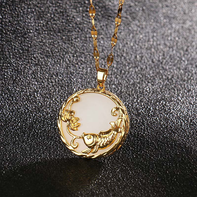 Zen Healing Natural Jade Koi Fish Lotus Luck Necklace Pendant