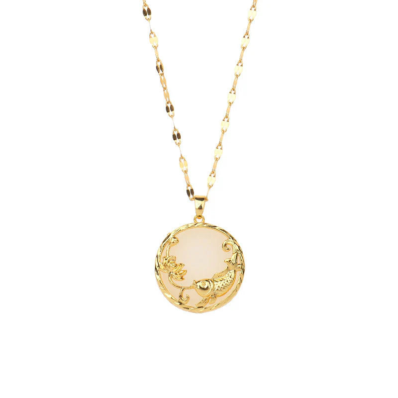 Zen Healing Natural Jade Koi Fish Lotus Luck Necklace Pendant