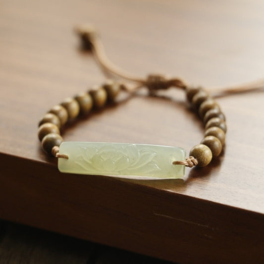 Zen Healing Natural Jade Lotus Pendant Green Sandalwood Bead Calm Bracelet