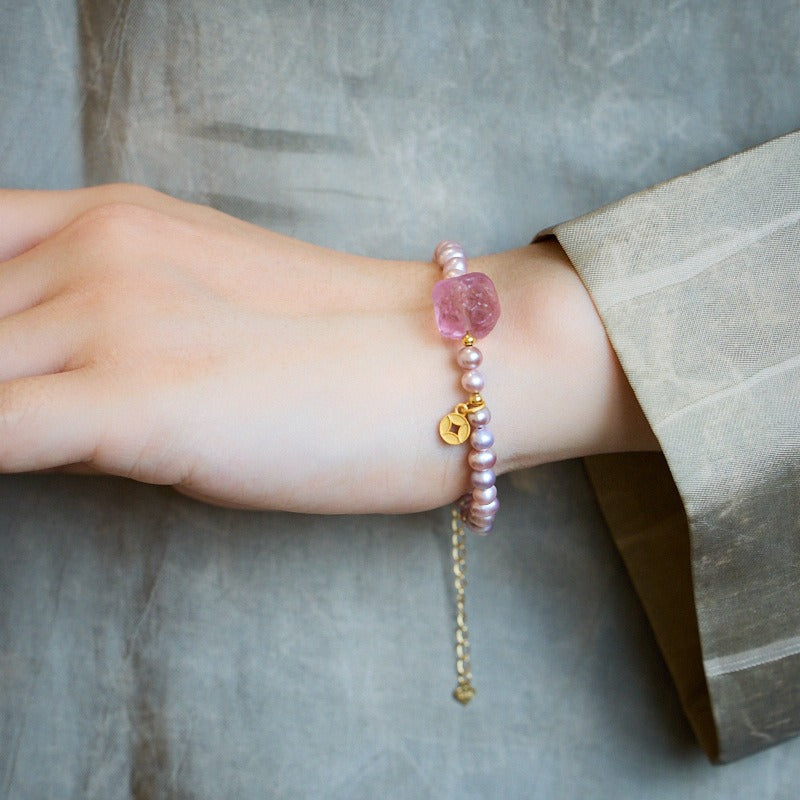 Zen Healing Natural Pearl Fluorite Lion Lucky Charm Bracelet