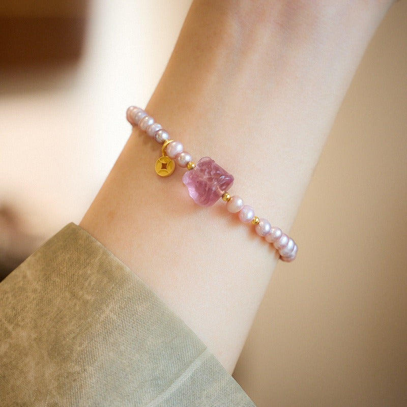 Zen Healing Natural Pearl Fluorite Lion Lucky Charm Bracelet
