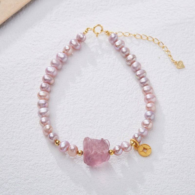 Zen Healing Natural Pearl Fluorite Lion Lucky Charm Bracelet
