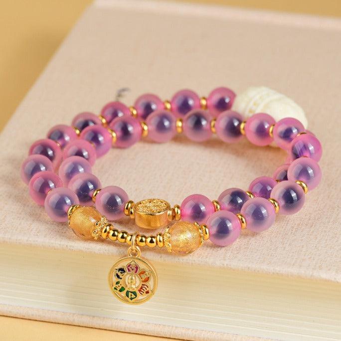 Zen Healing Natural Sugar Heart Candy Agate Beads Lotus Six True Words Charm Layered Beaded Bracelet 8mm