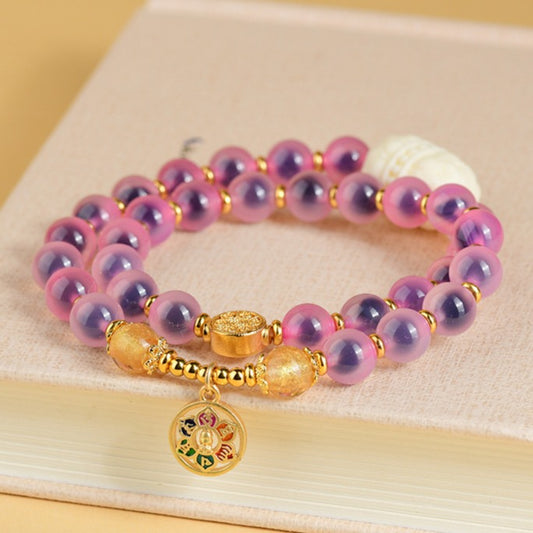 Zen Healing Natural Sugar Heart Candy Agate Beads Lotus Six True Words Charm Layered Beaded Bracelet 8mm