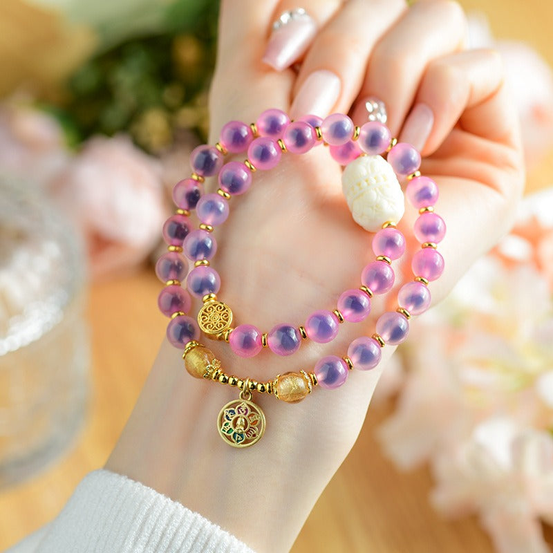 Zen Healing Natural Sugar Heart Candy Agate Beads Lotus Six True Words Charm Layered Beaded Bracelet 8mm