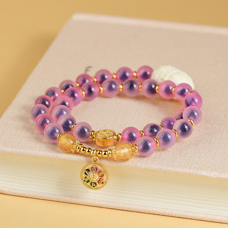 Zen Healing Natural Sugar Heart Candy Agate Beads Lotus Six True Words Charm Layered Beaded Bracelet 8mm