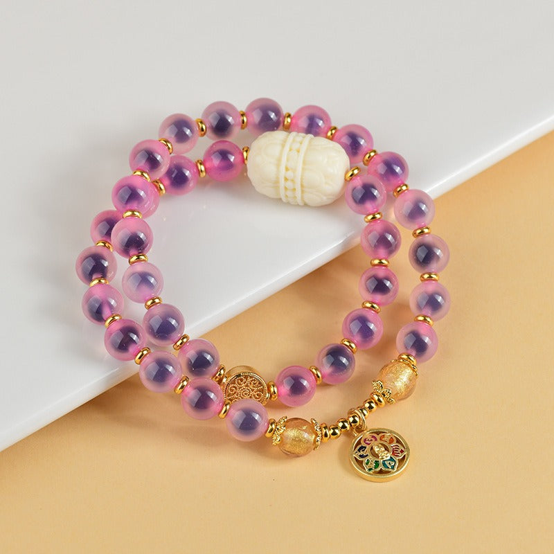 Zen Healing Natural Sugar Heart Candy Agate Beads Lotus Six True Words Charm Layered Beaded Bracelet 8mm