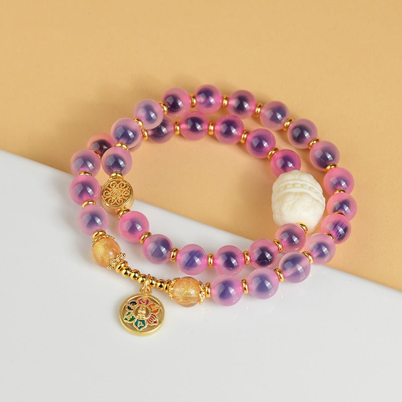 Zen Healing Natural Sugar Heart Candy Agate Beads Lotus Six True Words Charm Layered Beaded Bracelet 8mm