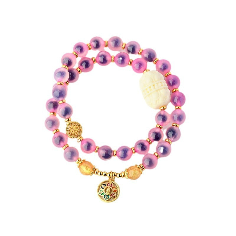 Zen Healing Natural Sugar Heart Candy Agate Beads Lotus Six True Words Charm Layered Beaded Bracelet 8mm