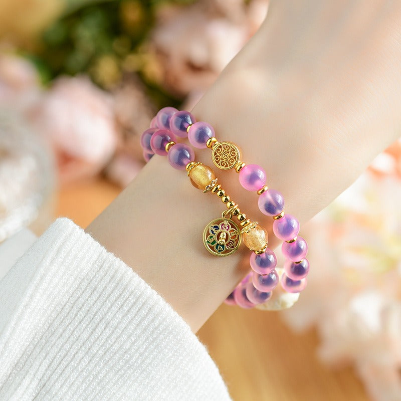 Zen Healing Natural Sugar Heart Candy Agate Beads Lotus Six True Words Charm Layered Beaded Bracelet 8mm