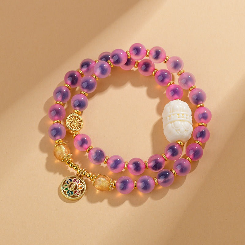 Zen Healing Natural Sugar Heart Candy Agate Beads Lotus Six True Words Charm Layered Beaded Bracelet 8mm