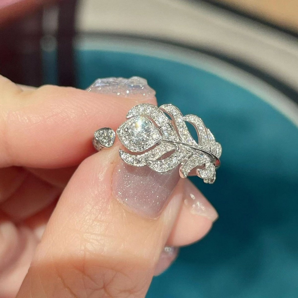 Zen Healing Peacock Feather High Carbon Diamond Engagement Ring