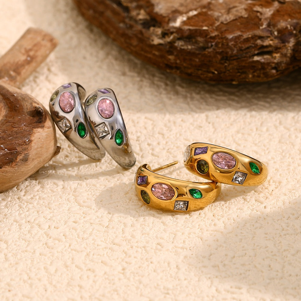 Zen Healing Stainless Steel 18K Gold Plated Colored Zircon Moon Earrings