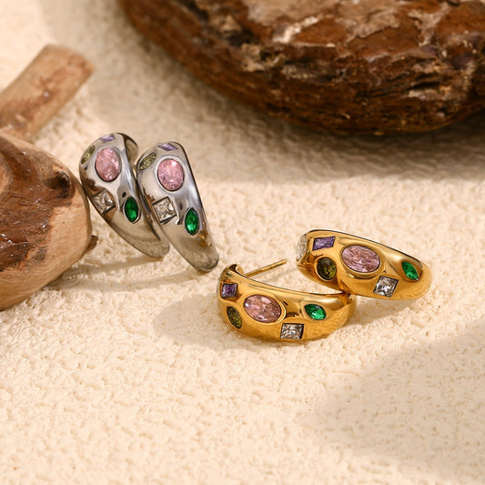 Zen Healing Stainless Steel 18K Gold Plated  Colored Zircon Moon Earrings