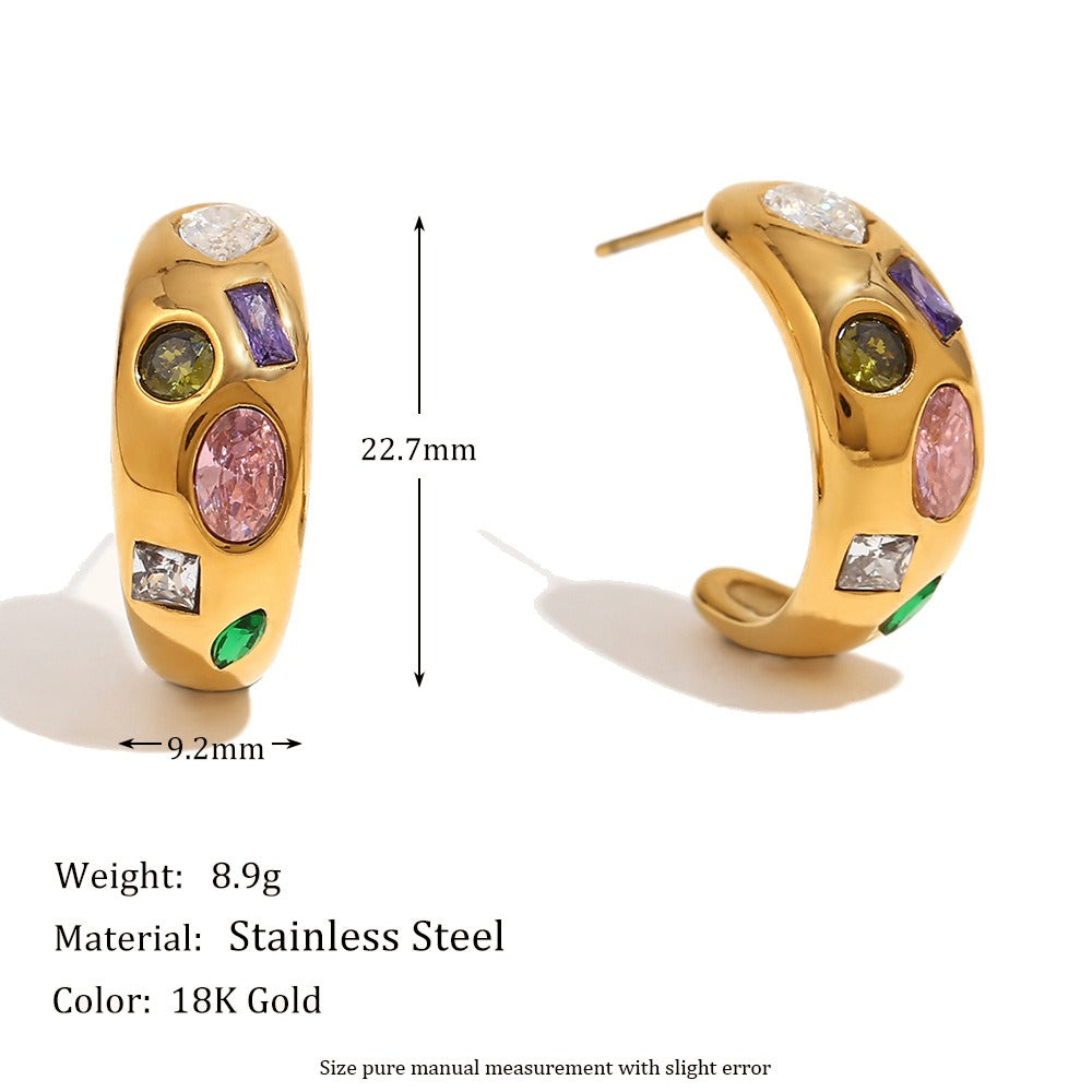 Zen Healing Stainless Steel 18K Gold Plated Colored Zircon Moon Earrings