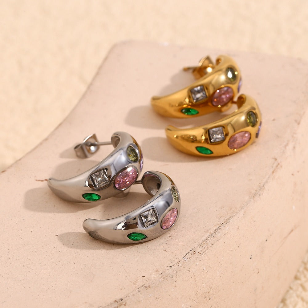 Zen Healing Stainless Steel 18K Gold Plated Colored Zircon Moon Earrings