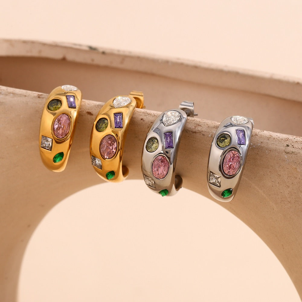 Zen Healing Stainless Steel 18K Gold Plated Colored Zircon Moon Earrings