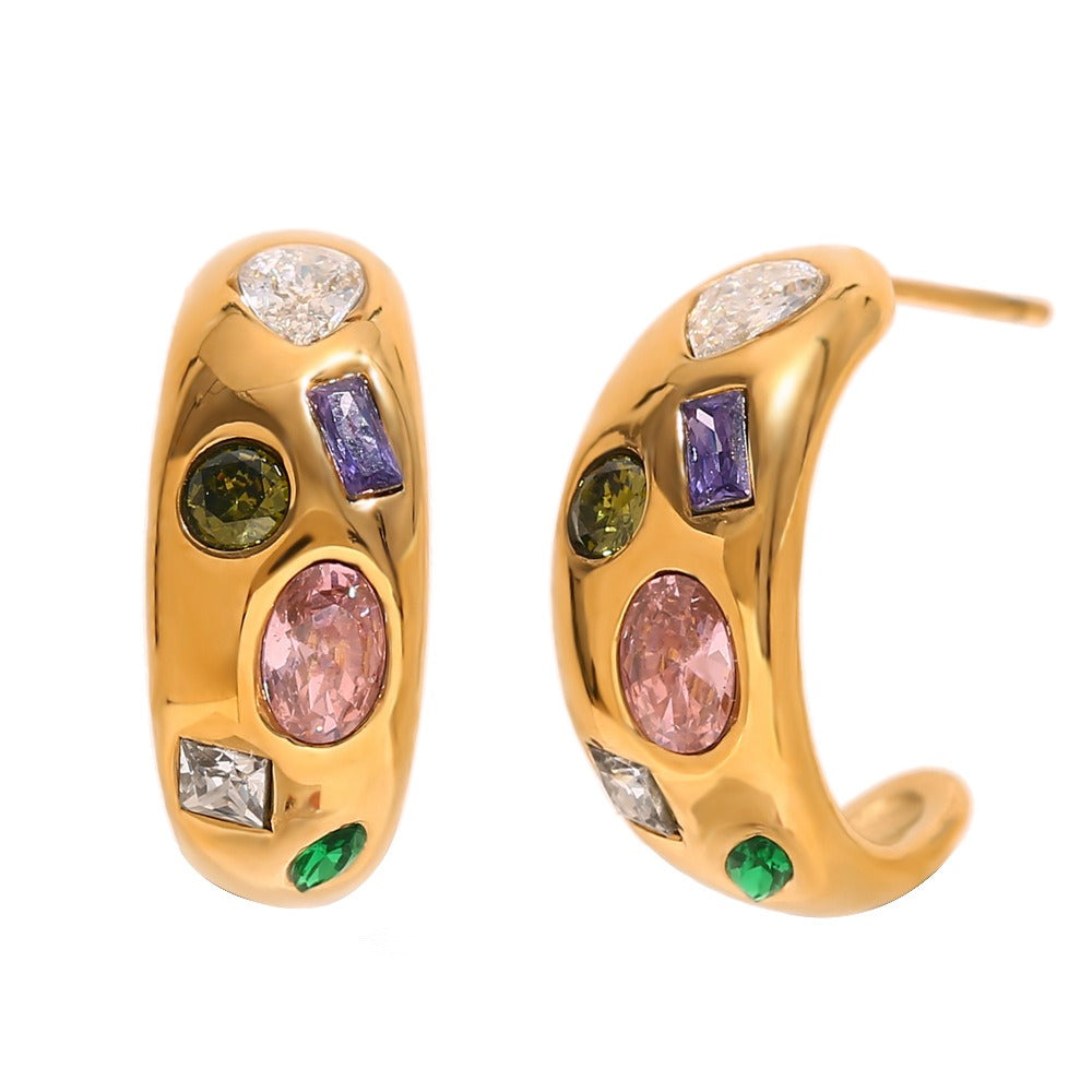 Zen Healing Stainless Steel 18K Gold Plated Colored Zircon Moon Earrings