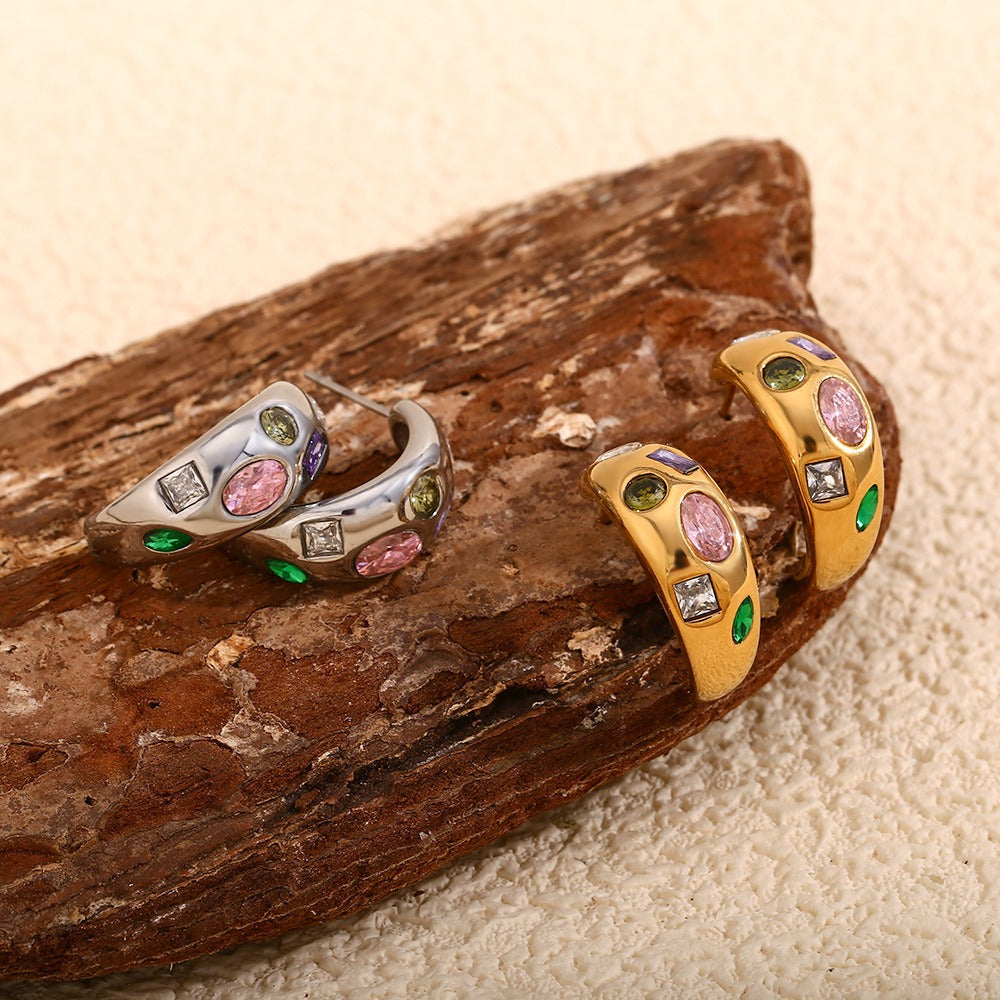 Zen Healing Stainless Steel 18K Gold Plated Colored Zircon Moon Earrings