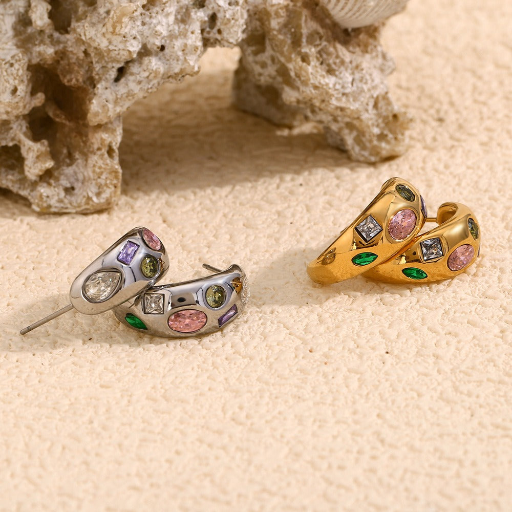 Zen Healing Stainless Steel 18K Gold Plated Colored Zircon Moon Earrings
