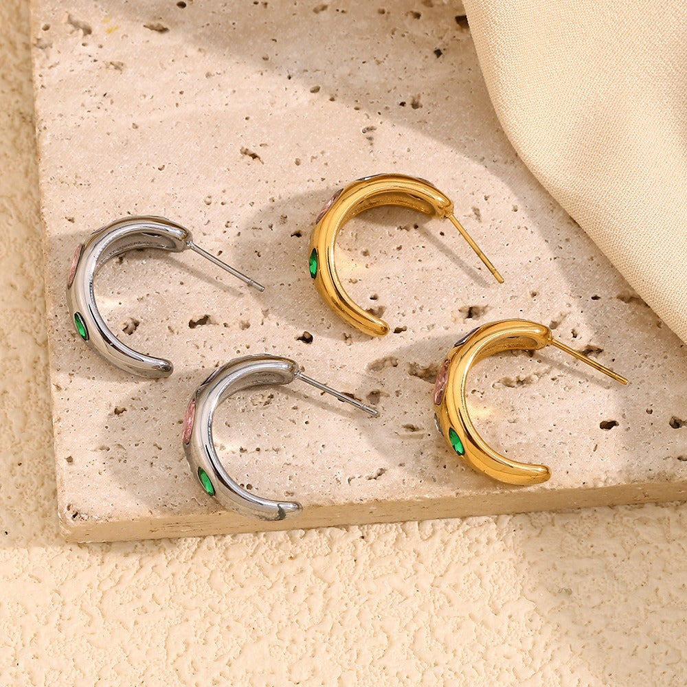 Zen Healing Stainless Steel 18K Gold Plated Colored Zircon Moon Earrings