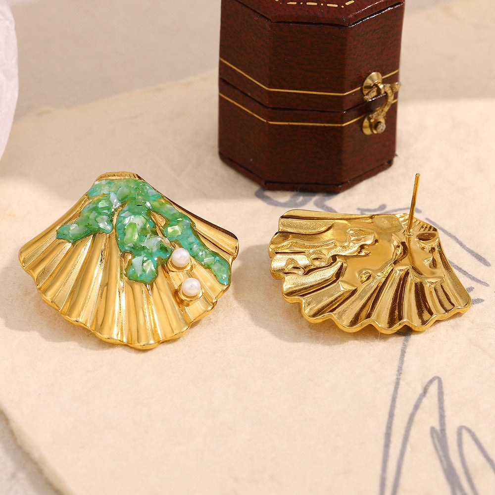 Zen Healing Stainless Steel 18K Gold Plated Shell Stud Earrings