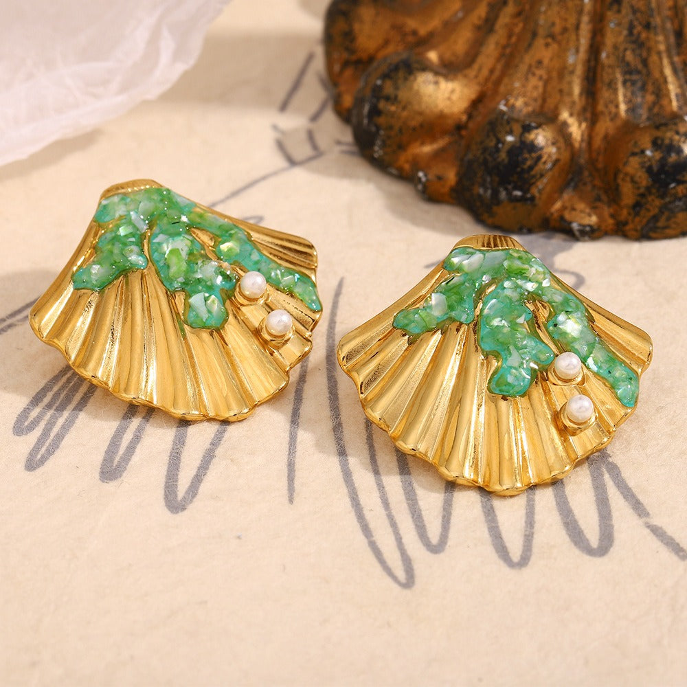 Zen Healing Stainless Steel 18K Gold Plated Shell Stud Earrings