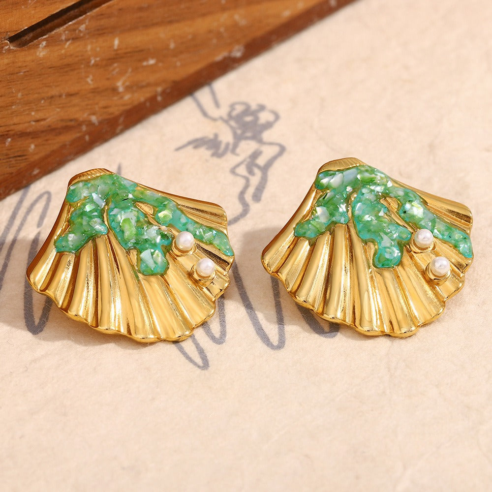 Zen Healing Stainless Steel 18K Gold Plated Shell Stud Earrings